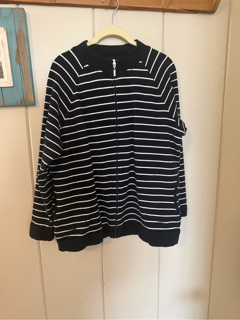 Talbots Woman Jacket 2X Black White Stripe Full Zip Cotton Modal Stretch Plus